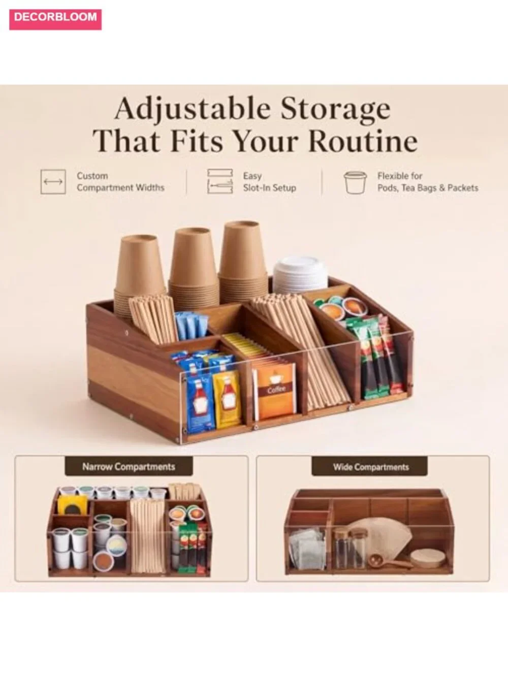 Acacia Wood Coffee Station Organizer for Countertop - 6 Compartments, Clear